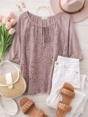 Shannon Ford NY Lace Blouse Mauve Tie Neck Boho Top- 3/4 Sleeve  Size: Large